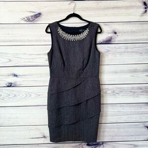 Connected Apparel Charcoal Grey Pearl Neckline Sheath Dress